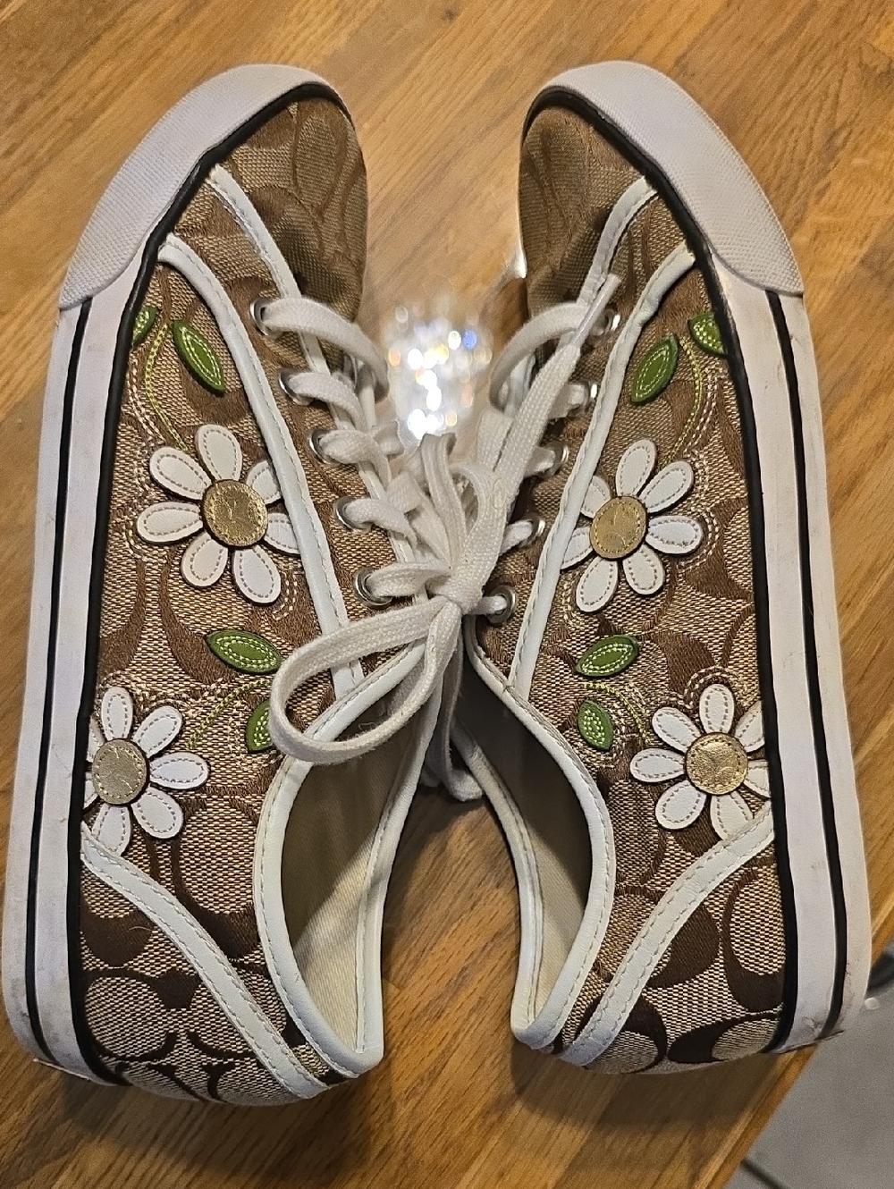 Coach Brown Signature Daisy Sneakers with White & Green Accents